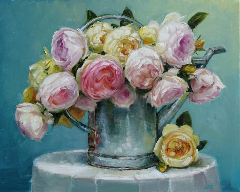 Pastel Roses in Watering Can