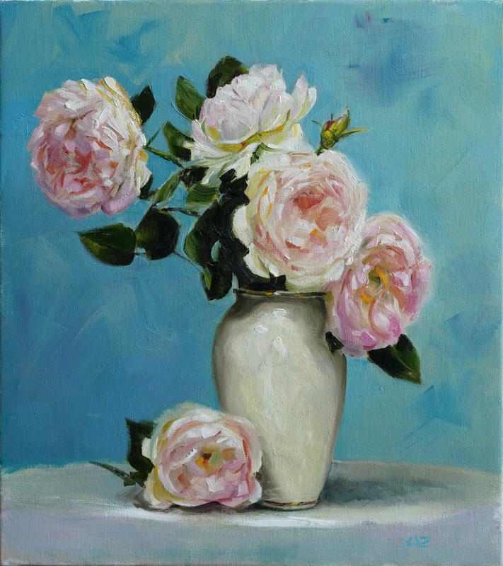 Pale Roses in White Vase